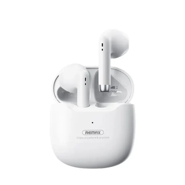 Audífonos inalámbricos pequeños Remax TWS-19 Marshmallow color blanco con estuche de carga abierto