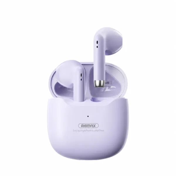 Audífonos inalámbricos Remax TWS-19 Marshmallow color púrpura con estuche de carga abierto