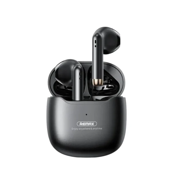 Audífonos inalámbricos Remax TWS-19 Marshmallow color negro con estuche de carga abierto