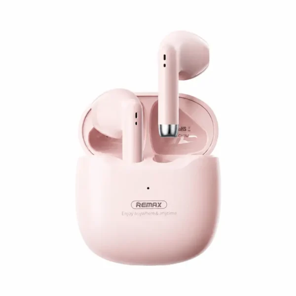Audífonos inalámbricos pequeños Remax TWS-19 Marshmallow color rosado con estuche de carga abierto