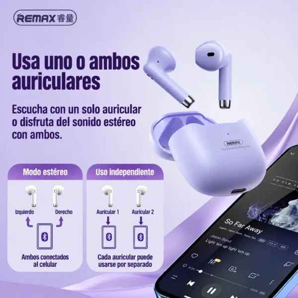 Audífonos Remax TWS-19 en modo estéreo o con un solo auricular conectado al celular