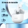 Batería de los audífonos inalámbricos blancos Yesido TWS09: 5 h de música, 3 h de llamadas y carga en 60 minutos