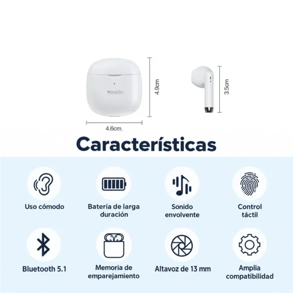 Medidas de los audífonos Yesido TWS09: estuche de 4.6 x 4.9 cm y auricular de 3.5 cm, con sus características principales