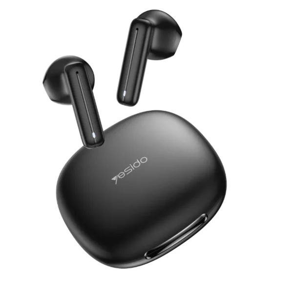 Audífonos Bluetooth negros Yesido TWS25 sobre su estuche de carga