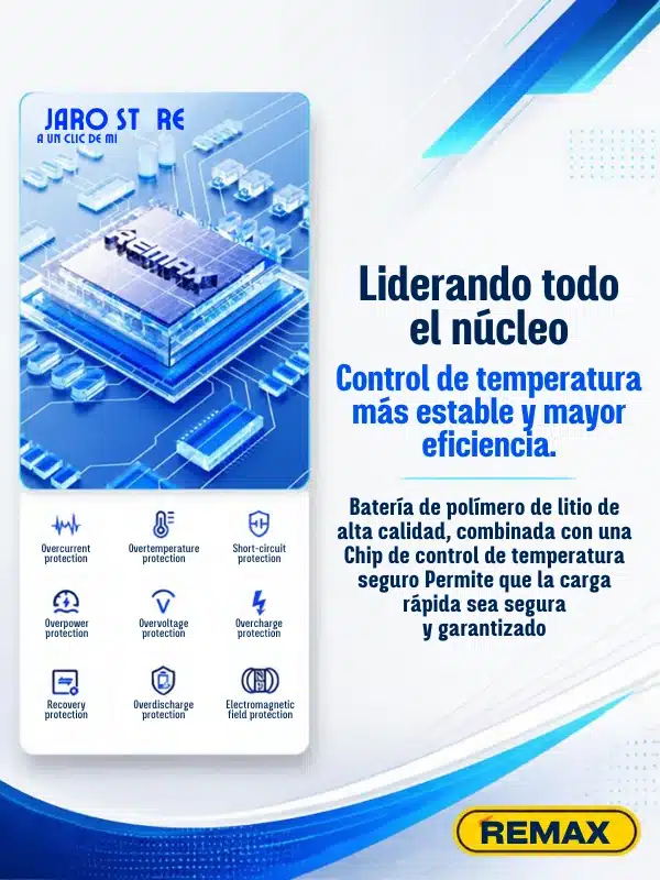 Banco de energía Remax 10000mAh 2.4A, vista principal con botón de encendido y puertos