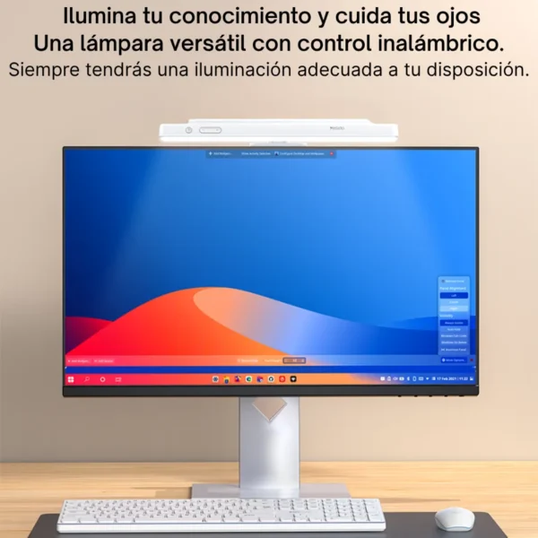Barra de luz LED Yesido DH11 sobre el monitor Lámpara para monitor Yesido DH11 colocada sobre la pantalla iluminando el teclado del escritorio