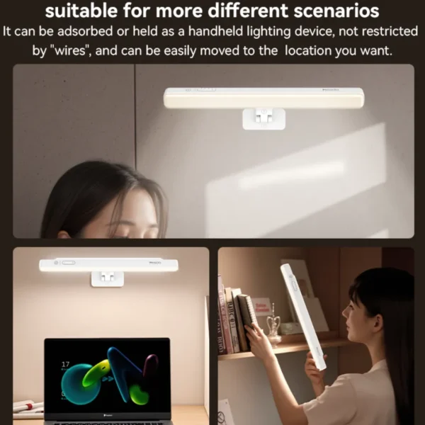 Barra de luz LED Yesido DH11 usos Lámpara LED inalámbrica Yesido DH11 usada en la pared, sobre la laptop y en la mano como luz portátil