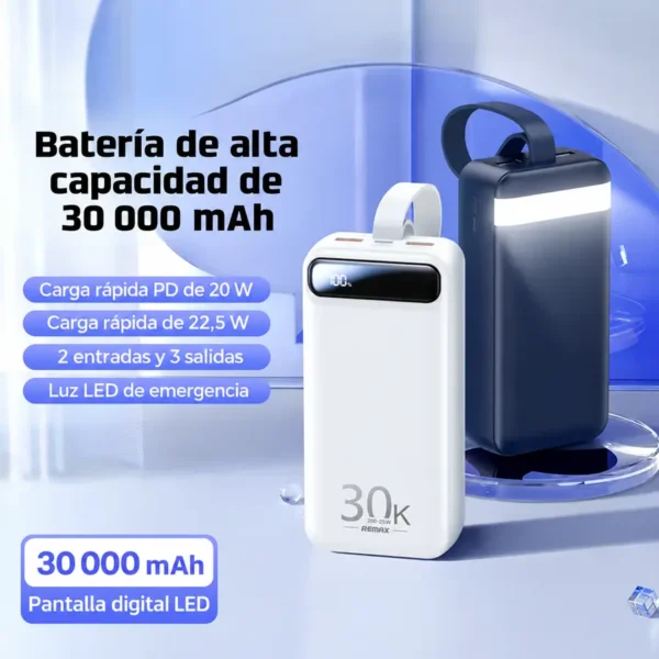 Power bank Remax RPP-522 de 30000mAh con carga rápida PD 20W y 22.5W, 2 entradas, 3 salidas y luz LED de emergencia