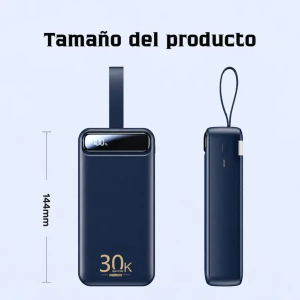 Tamaño de la power bank Remax RPP-522 de 30000mAh con 14.4 cm de alto, vista frontal y lateral
