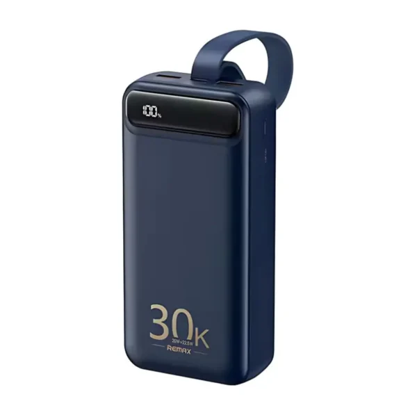 Power bank 30000mAh carga rápida Remax RPP-522 color azul con pantalla digital LED y cordón