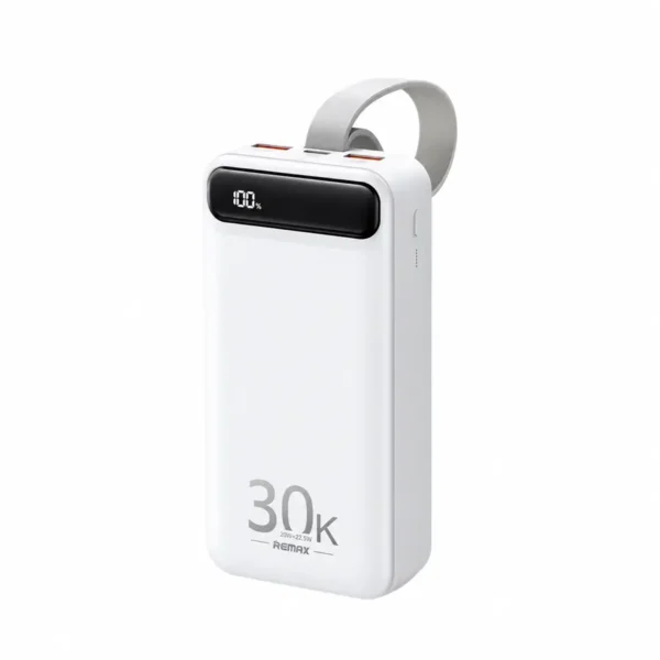 Power bank 30000mAh carga rápida Remax RPP-522 color blanco con pantalla digital LED y cordón