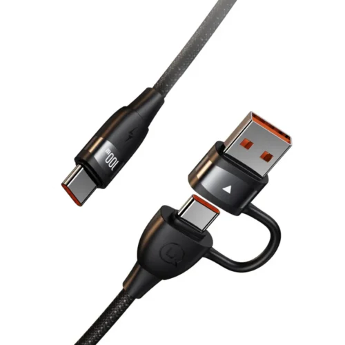 Cable 2 en 1 Usams SJ654 con entrada USB-C y adaptador USB-A y salida tipo C de 100W trenzado negro