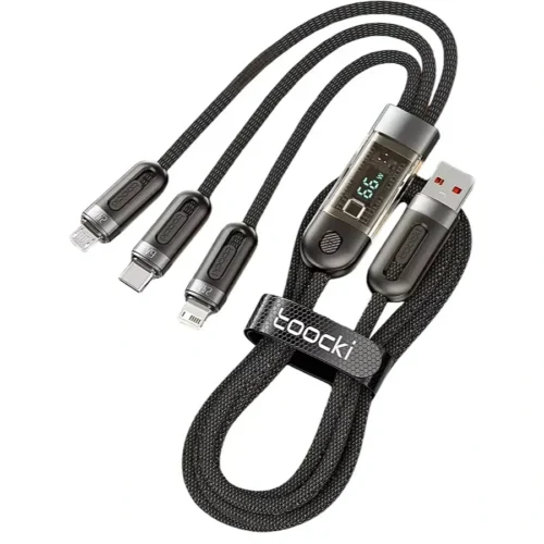 Cable 3 en 1 con pantalla Toocki trenzado con puntas Lightning, USB-C y Micro USB y entrada USB-A