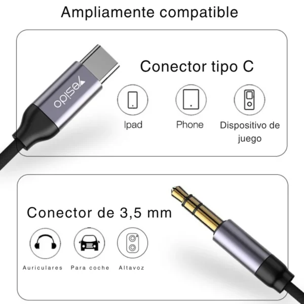 Compatibilidad del cable auxiliar tipo C Yesido YAU20 con celular, tablet, audífonos y parlantes