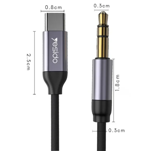 Medidas de los conectores del cable auxiliar tipo C a 3.5 mm Yesido YAU20