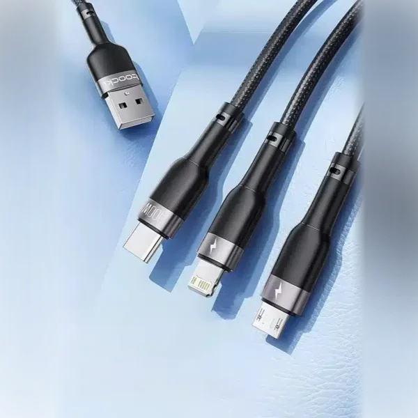 Cable cargador 3 en 1 Toocki USB-C, Lightning y Micro USB Cable cargador 3 en 1 Toocki con puntas USB-C, Lightning y Micro USB y entrada USB-A