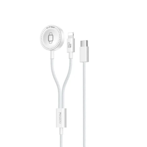 Cargador para iPhone y Apple Watch 2 en 1 Yesido DS34 con base magnética, conector Lightning y cable USB-C trenzado