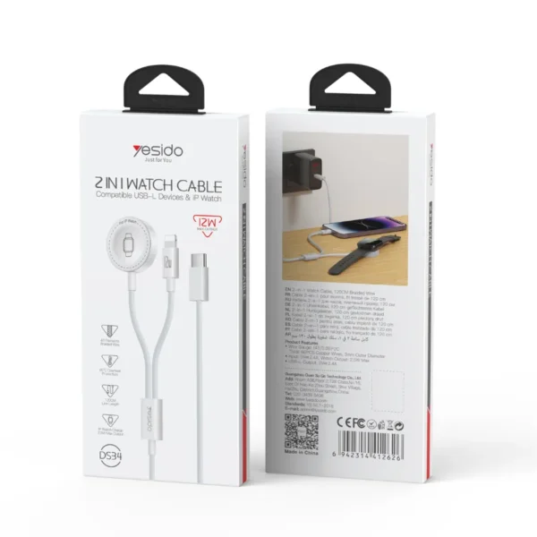 Empaque original del cargador para iPhone y Apple Watch 2 en 1 Yesido DS34 de 12W