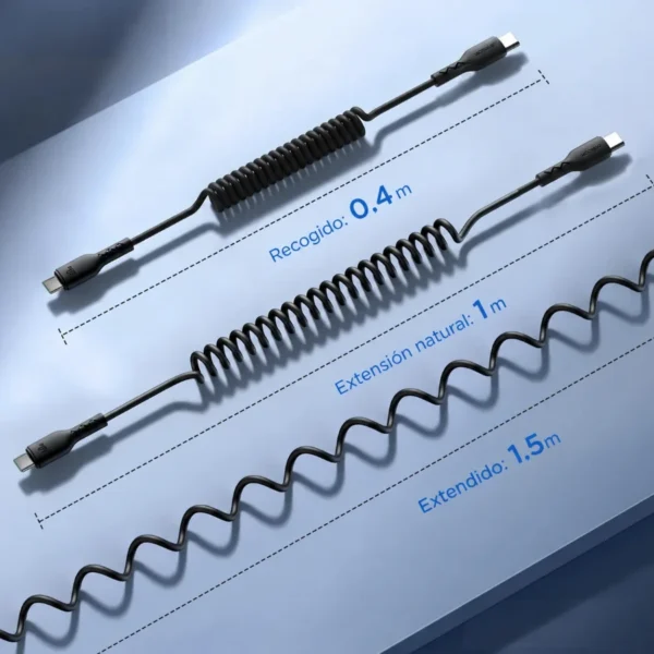 Largos del cable espiral USB C Joyroom SA38: recogido 0.4 m, extensión natural 1 m y extendido 1.5 m