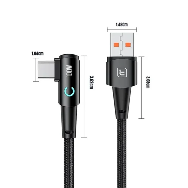 Cable USB tipo C 90 grados Toocki medidas Medidas de los conectores del cable Toocki: Tipo C de 3.62 cm por 1.04 cm y USB-A de 3.06 cm por 1.48 cm
