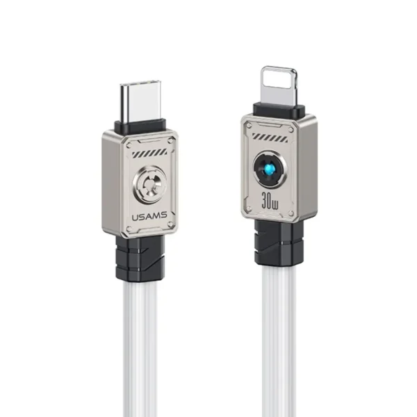 Cable iPhone reforzado 30W con luz Usams SJ685 blanco Cable iPhone reforzado tipo C a Lightning 30W con luz Usams SJ685 color blanco