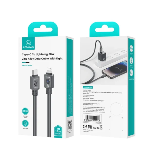 Cable iPhone reforzado Usams SJ685 empaque Empaque del cable tipo C a Lightning 30W de aleación de zinc con luz Usams SJ685 serie Mecha