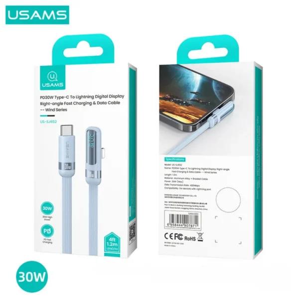 Empaque del cable tipo C a Lightning 90 grados 30W con pantalla Usams SJ652 de 1.2 m