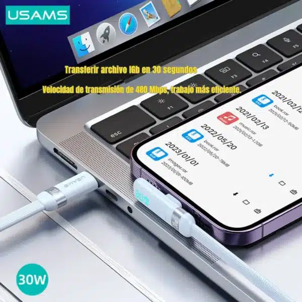Cable Lightning de 90 grados Usams SJ652 transfiriendo datos a 480 Mbps entre iPhone y laptop