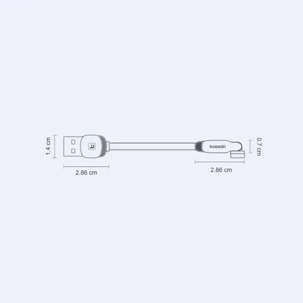 Medidas del cable magnético 3 en 1 Toocki: conector USB-A de 2.86 cm por 1.4 cm y cabezal de 2.86 cm por 0.7 cm