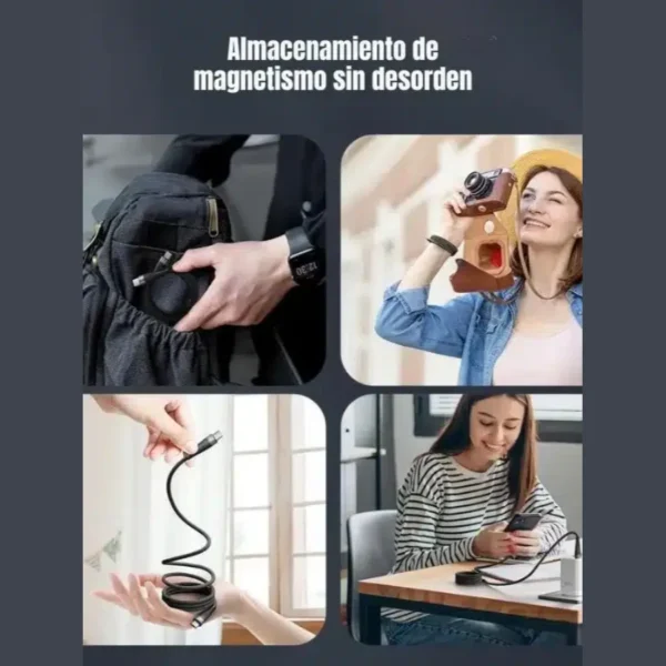 Cable magnético enrollable Toocki guardado en la mochila y usado en el escritorio sin enredos