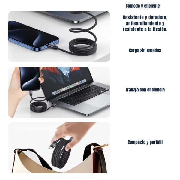 Cable magnético tipo C Usams SJ704 enrollado sin enredos junto a un celular, una laptop y una cartera