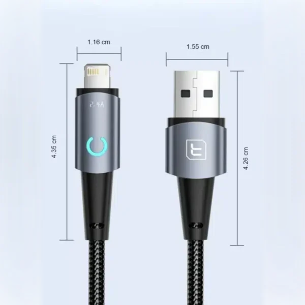 Medidas del cable iPhone USB Toocki: Lightning 1.16 cm x 4.35 cm y USB-A 1.55 cm x 4.26 cm