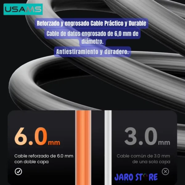 Comparación del cable tipo C 100W Usams SJ684 de 6.0 mm con doble capa frente a un cable común de 3.0 mm