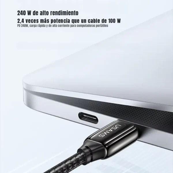 Cable tipo C 240W Usams SJ581 conectado a una laptop para carga rápida