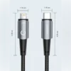 Medidas del cable Lightning 20W Toocki: conectores de 1.16 cm de ancho, Lightning 4.35 cm y USB-C 4.45 cm