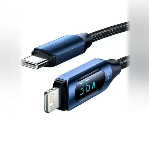 Cable tipo C a Lightning con pantalla Toocki azul mostrando 36W de carga