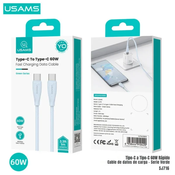 Caja original del cable tipo C a tipo C 60W 1m Usams SJ716 serie Green