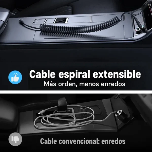 Comparación del cable en espiral Joyroom SA38 ordenado frente a un cable normal enredado en el auto