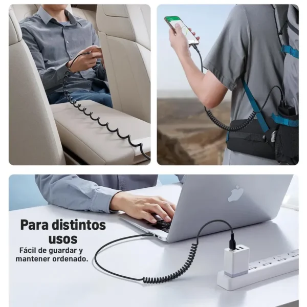 Cable tipo C extensible Joyroom SA38 usado en el auto, con mochila y en el escritorio