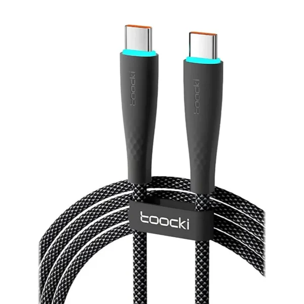 Cable USB C 2 metros Toocki color negro, trenzado, tipo C a tipo C de 100W con anillo de luz