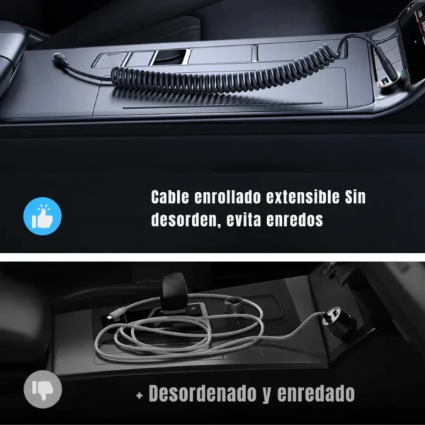 Comparación del cable espiral Joyroom SA38 ordenado frente a un cable normal enredado en el auto