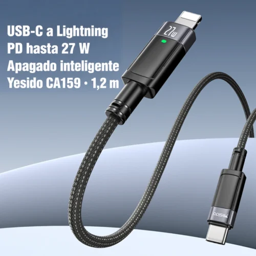 Cable Yesido CA159 USB-C a Lightning de hasta 27 W Cable trenzado Yesido CA159 con conectores USB-C y Lightning e indicador LED verde.