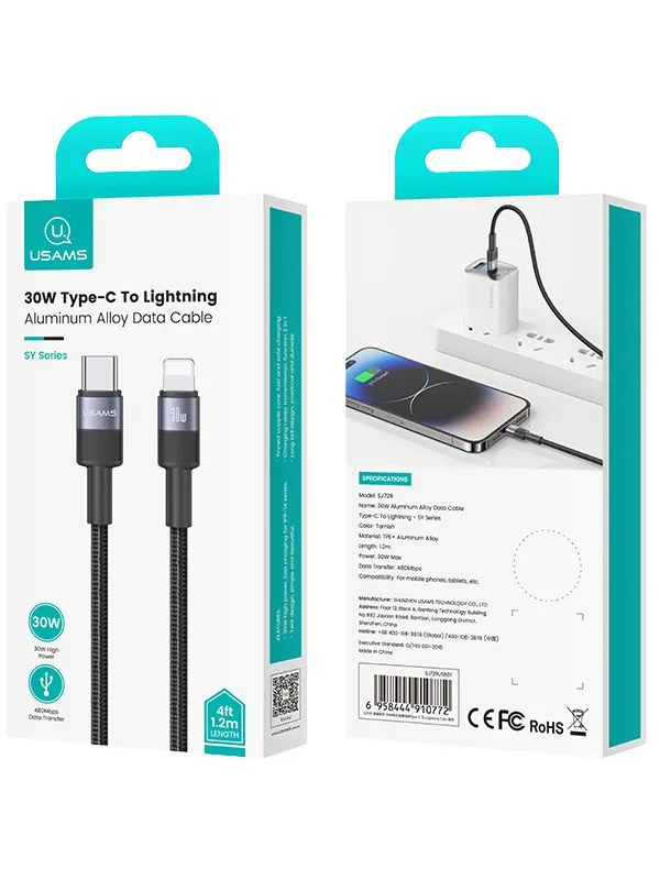 🔌 Cable Lightning iPhone Usams 30W Carga Rápida y Datos | Trenzado Reforzado 1m