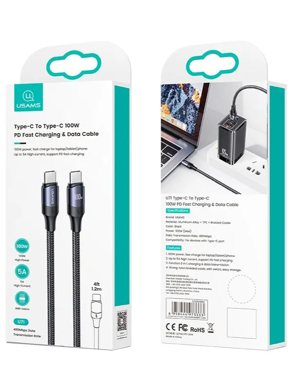 Cable de carga rápida Tipo C a C 100W 3 Metros USAMS – Carga y Transferencia de Datos