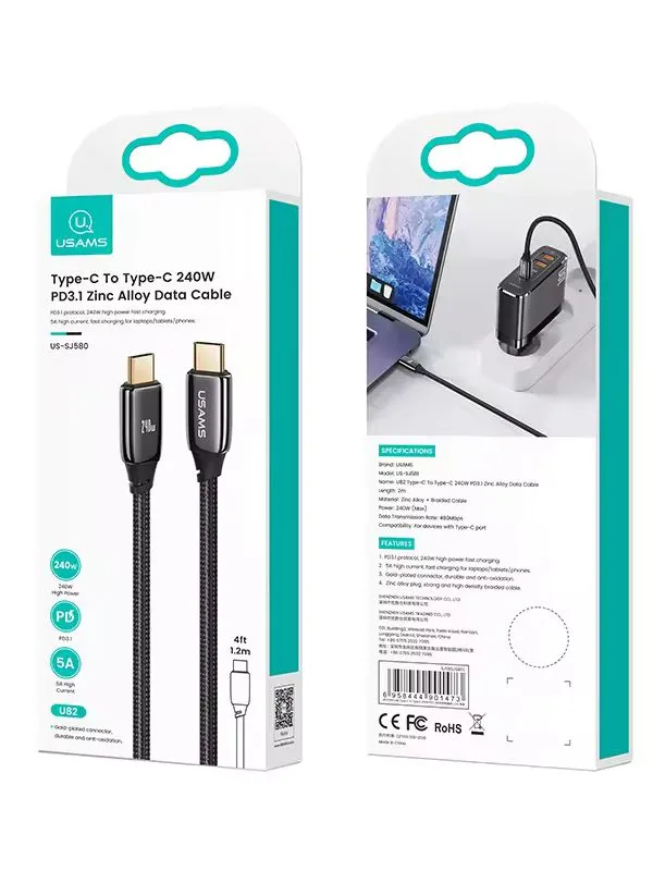 🔌 Cable de Carga Rápida Tipo C a C 240W 2 Metros Usams Carga Rápida PD 3.1 Trenzado Reforzado