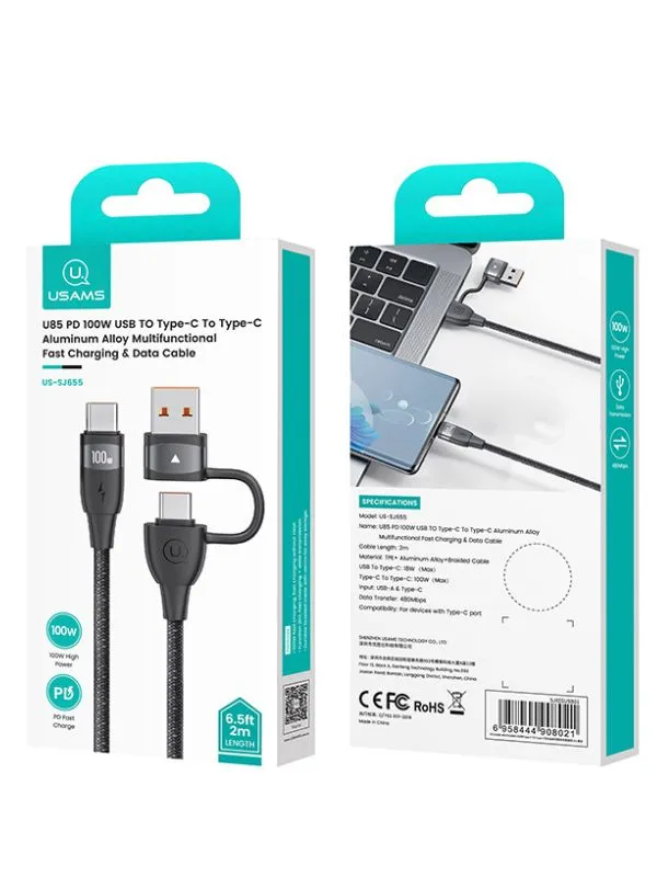 Cable de Carga Rápida 2 en 1 USB A y Tipo C a Tipo C 100W USAMS – Trenzado, 1.2m/2m, Transferencia de Datos 480Mbps