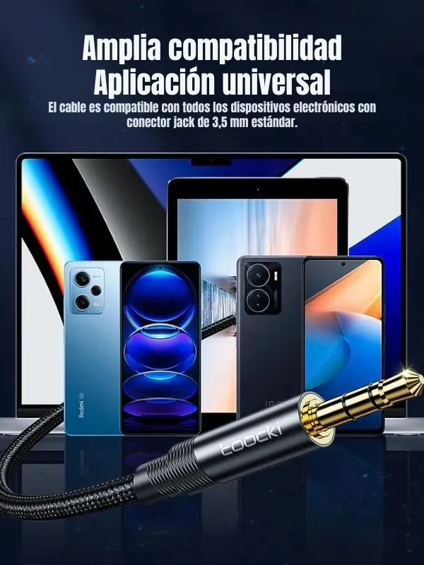 Cable Auxiliar 3.5mm Toocki de 1 Metro | Audio Hi-Fi Reforzado con Nailon – Compatible con Celulares, Autos y Parlantes