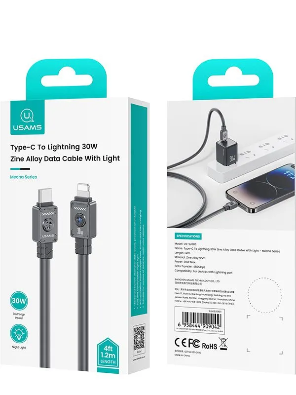 🔌 Cable de Carga Rápida Lightning a USB-C 30W Usams – PD para iPhone, iPad – 1.2m Reforzado y Antienredos