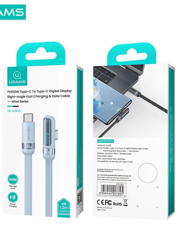 Cable USB Tipo C 100W Usams con Ángulo Recto Tipo L y Pantalla Digital – Carga Rápida y Transferencia de Datos