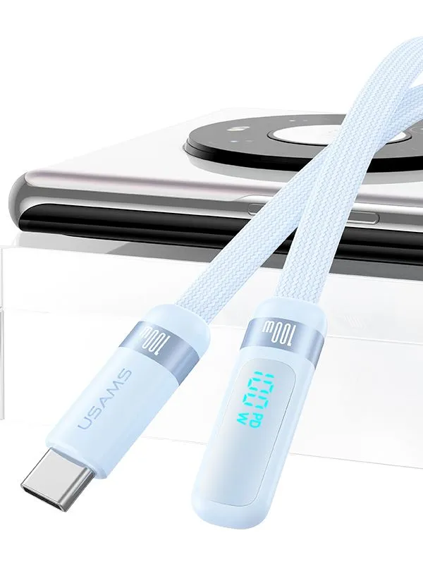 Cable USB Tipo C 100W Usams con Ángulo Recto Tipo L y Pantalla Digital – Carga Rápida y Transferencia de Datos